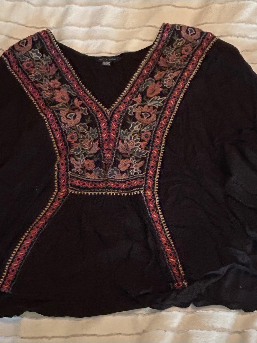 American Eagle Outfitters Black Tunic with Multicolor Embroidered V-Neck